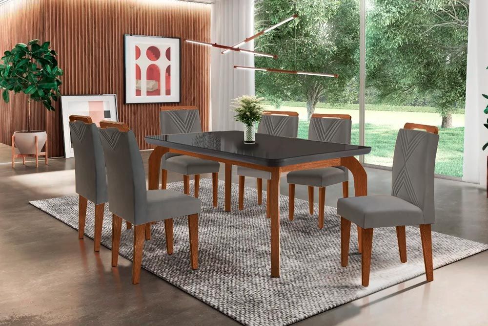 Sala Jantar Mesa Londrina Tampo Madeirado c/ Vidro Curvo 180x90 e 6 Cadeiras Amsterdã - Rufato