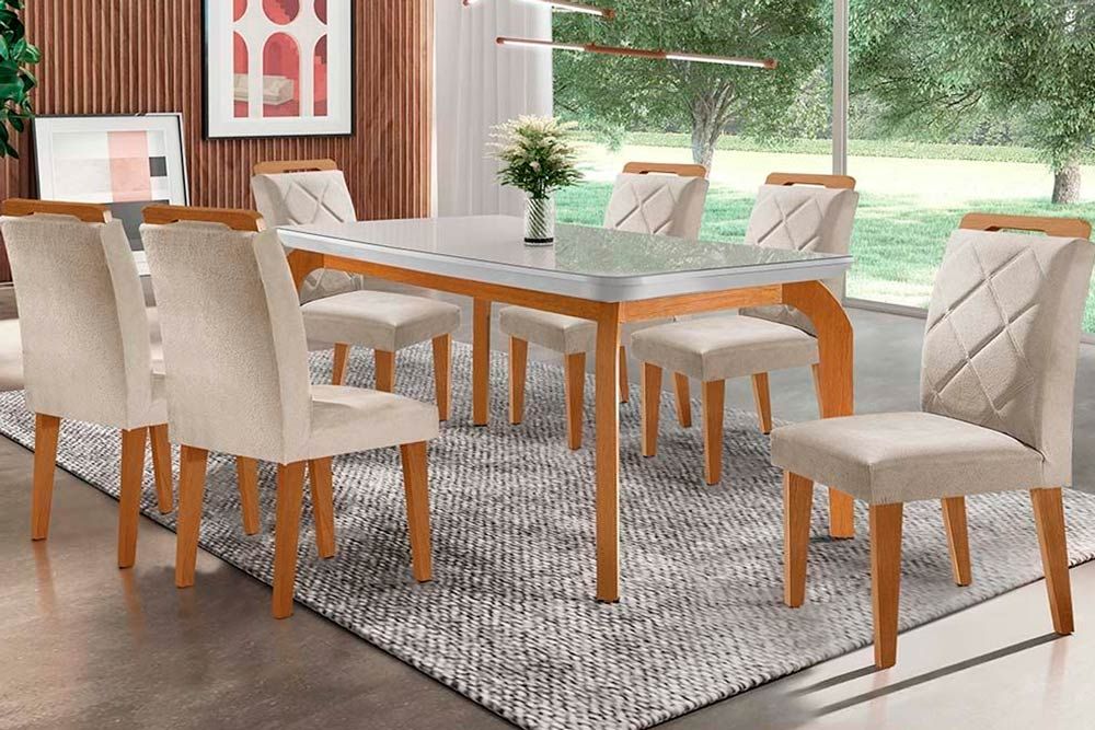 Sala Jantar Mesa Londrina Tampo Madeirado c/ Vidro Curvo 180x90cm e 6 Cadeiras Melissa - Rufato
