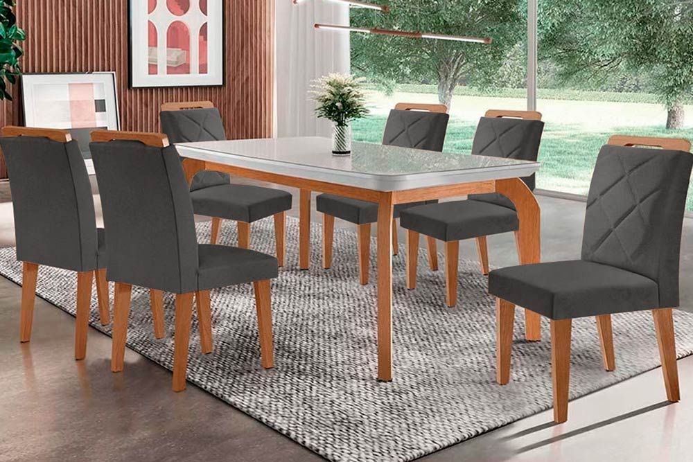 Sala Jantar Mesa Londrina Tampo Madeirado c/ Vidro Curvo 180x90cm e 6 Cadeiras Melissa - Rufato