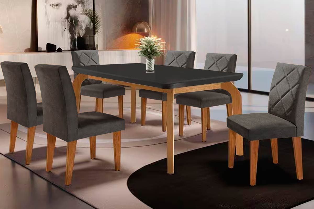 Sala Jantar Mesa Londrina Tampo Madeirado c/ Vidro Curvo 180x90cm e 6 Cadeiras Melissa - Rufato