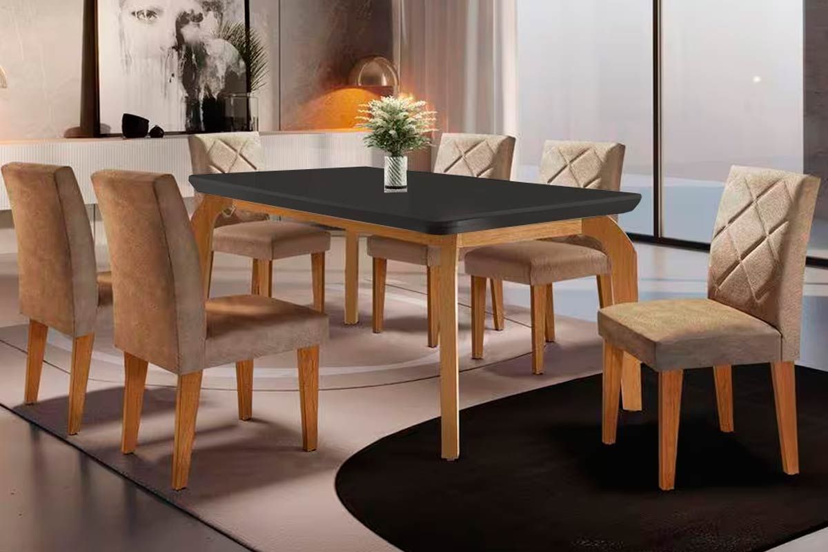 Sala Jantar Mesa Londrina Tampo Madeirado c/ Vidro Curvo 180x90cm e 6 Cadeiras Melissa - Rufato