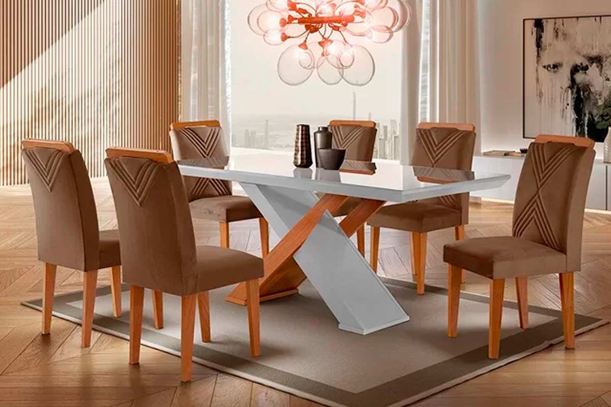 Sala de Jantar Completa Imperatriz Tampo Madeirado c/ Vidro Curvo 180x90 e 6 Cadeiras Amsterdã - Rufato