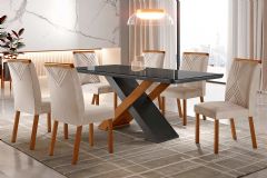 Sala Jantar Mesa Imperatriz Tampo MDF/Vidro Canto Curvo 180cm + 6Cadeiras Amsterdã - Rufato