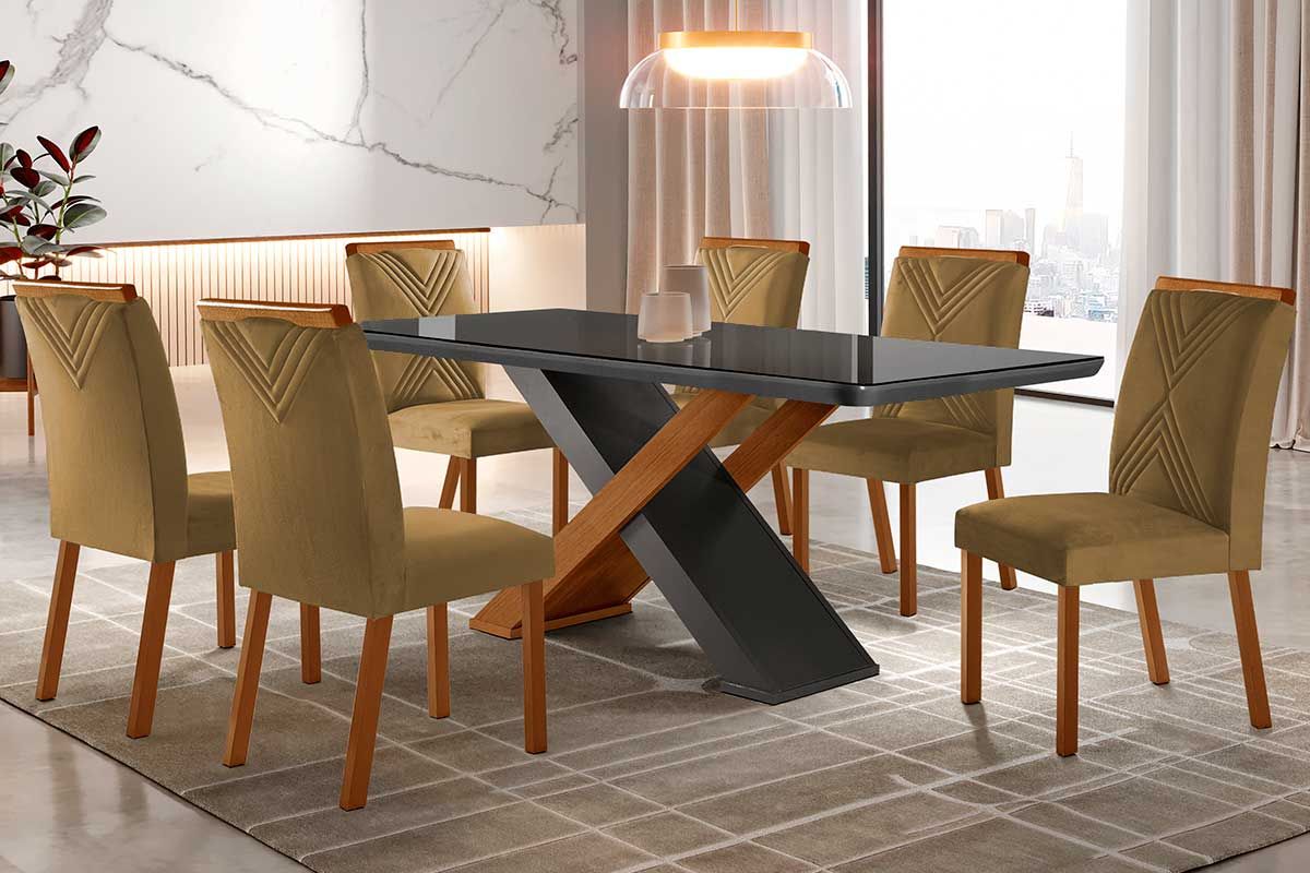 Sala Jantar Mesa Imperatriz Tampo MDF/Vidro Canto Curvo 180cm + 6Cadeiras Amsterdã - Rufato