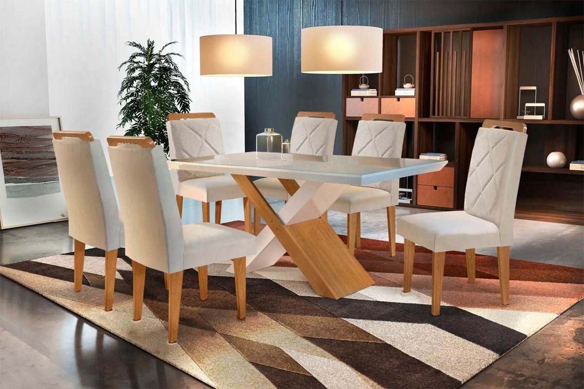 Sala de Jantar Completa Imperatriz Tampo Madeirado c/ Vidro Curvo 180x90 e 6 Cadeiras Melissa - Rufato