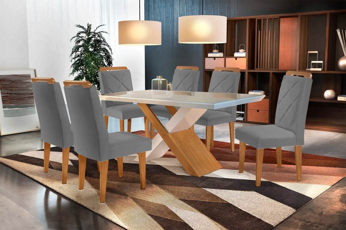 Sala de Jantar Completa Imperatriz Tampo Madeirado c/ Vidro Curvo 180x90 e 6 Cadeiras Melissa - Rufato