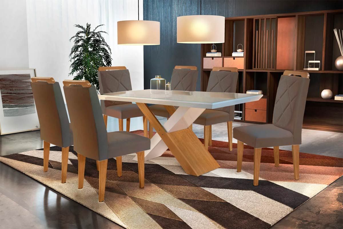 Sala de Jantar Completa Imperatriz Tampo Madeirado c/ Vidro Curvo 180x90 e 6 Cadeiras Melissa - Rufato