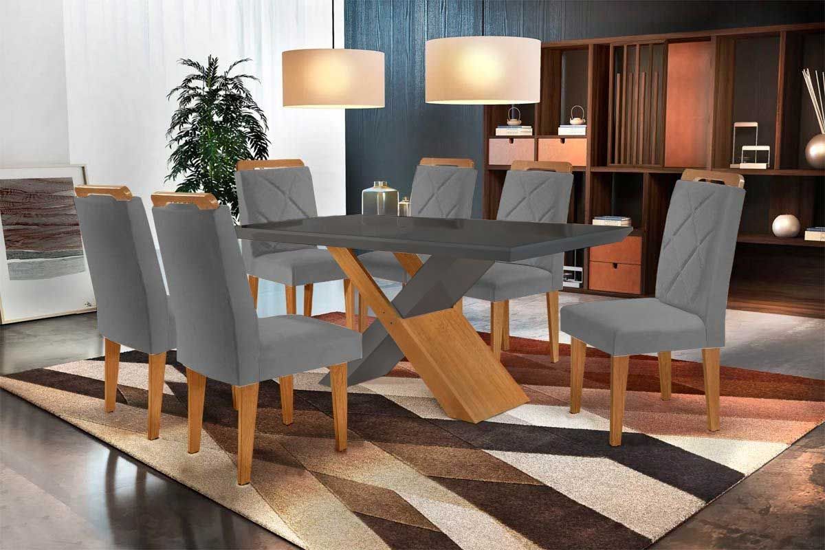 Sala de Jantar Completa Imperatriz Tampo Madeirado c/ Vidro Curvo 180x90 e 6 Cadeiras Melissa - Rufato