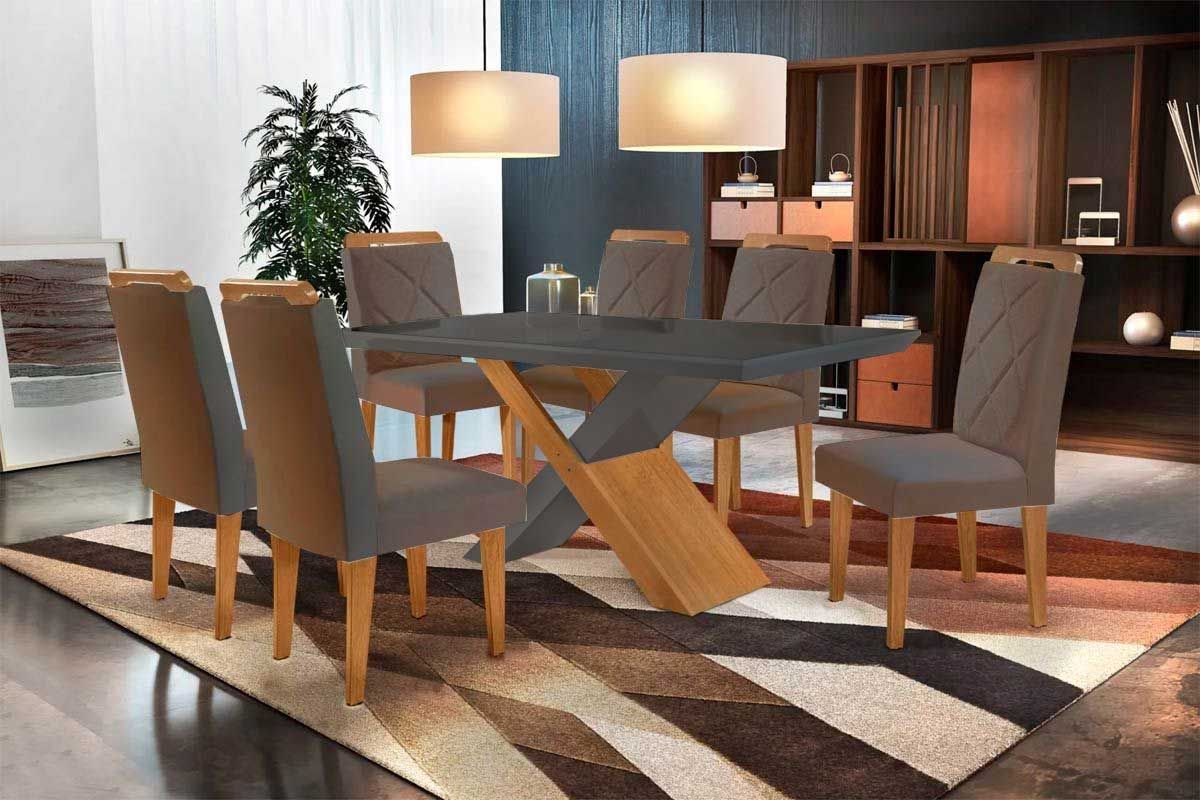 Sala de Jantar Completa Imperatriz Tampo Madeirado c/ Vidro Curvo 180x90 e 6 Cadeiras Melissa - Rufato