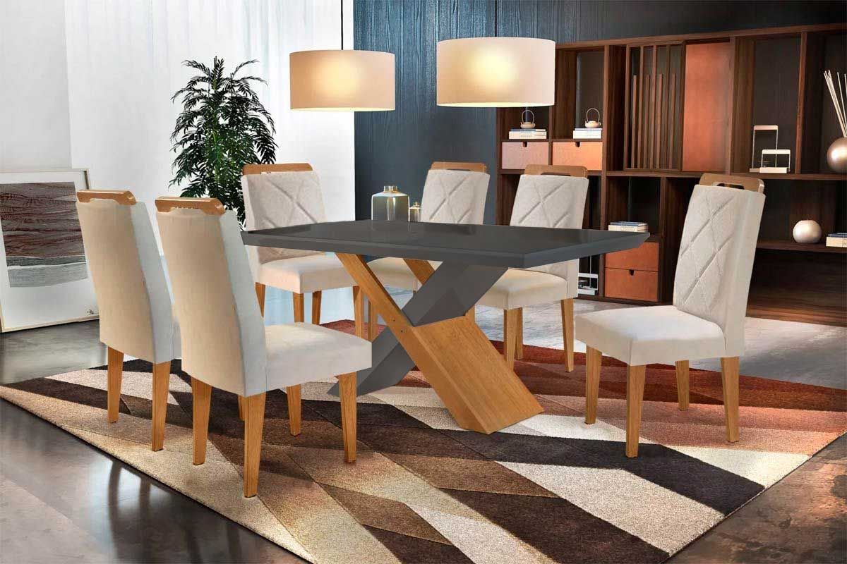 Sala de Jantar Completa Imperatriz Tampo Madeirado c/ Vidro Curvo 180x90 e 6 Cadeiras Melissa - Rufato
