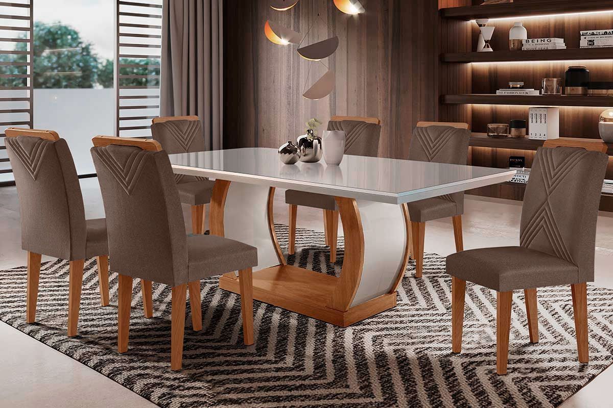 Sala de Jantar Completa Jade Tampo Madeirado c/ Vidro Curvo 180x90 e 6 Cadeiras Amsterdã - Rufato