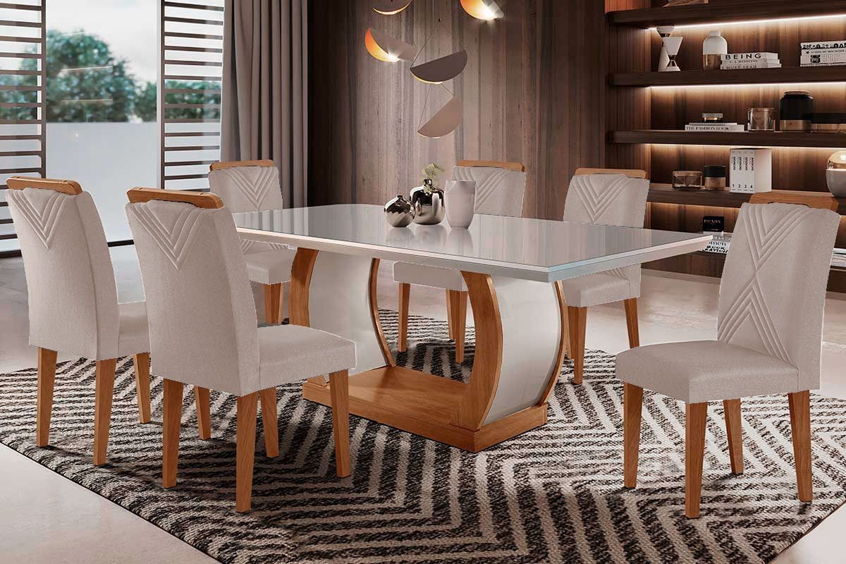 Sala de Jantar Completa Jade Tampo Madeirado c/ Vidro Curvo 180x90 e 6 Cadeiras Amsterdã - Rufato