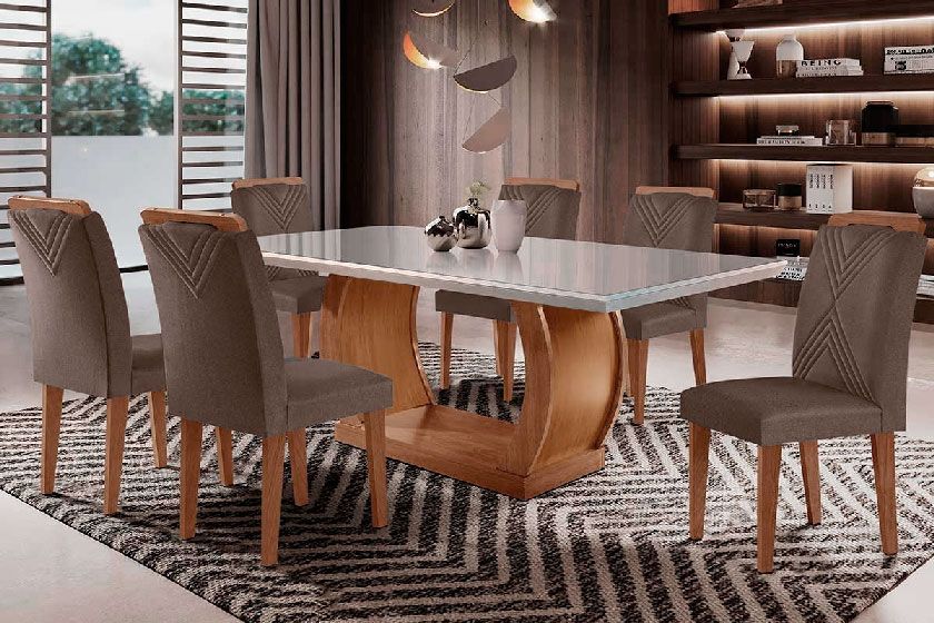 Sala Jantar Mesa Jade Curvo 180cm + 6 Cadeiras Amsterdã Madeira - Rufato