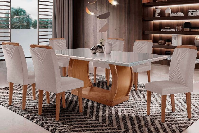 Sala Jantar Mesa Jade Curvo 180cm + 6 Cadeiras Amsterdã Madeira - Rufato