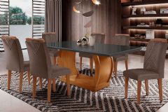 Sala Jantar Mesa Jade Curvo 180cm + 6 Cadeiras Amsterdã Madeira - Rufato