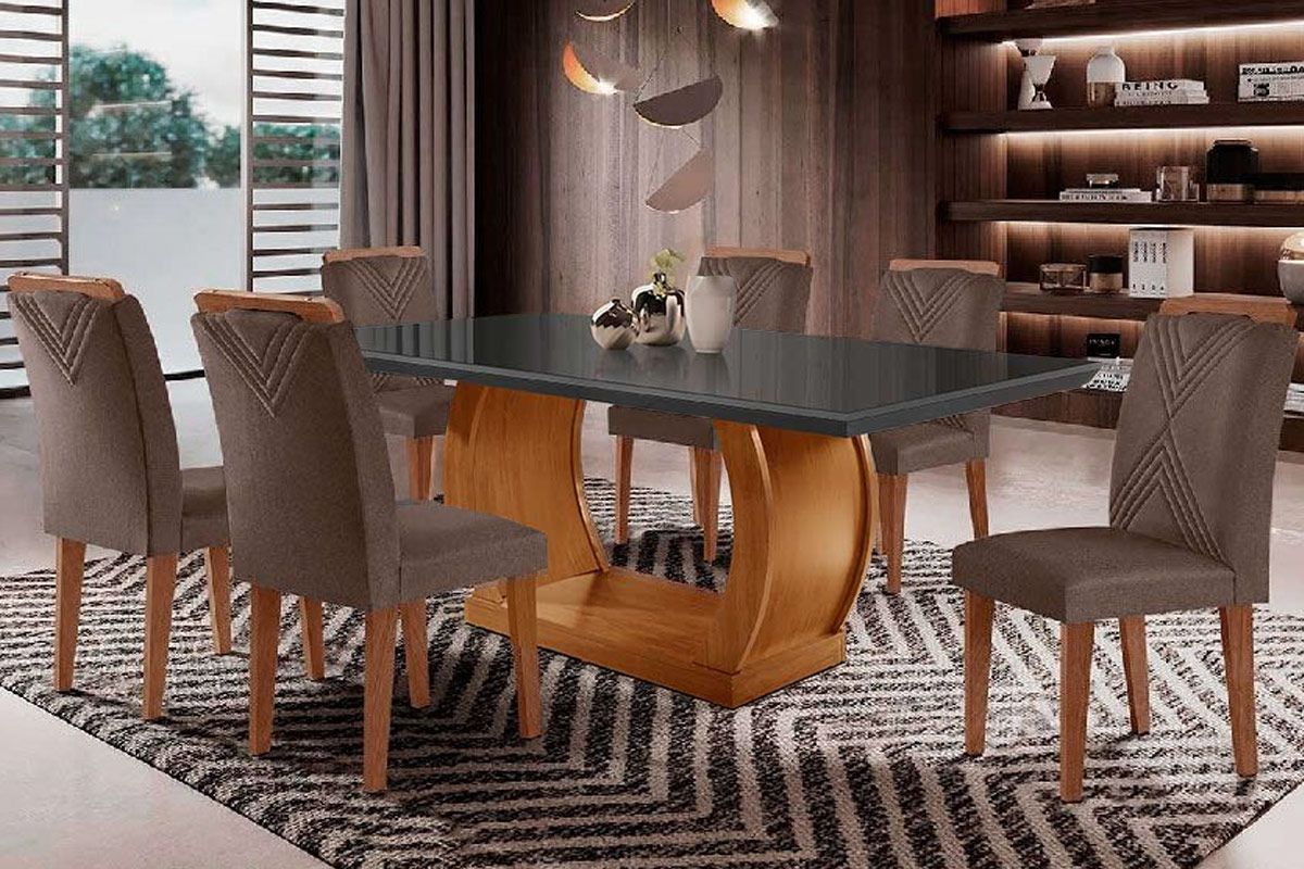 Sala Jantar Mesa Jade Curvo 180cm + 6 Cadeiras Amsterdã Madeira - Rufato