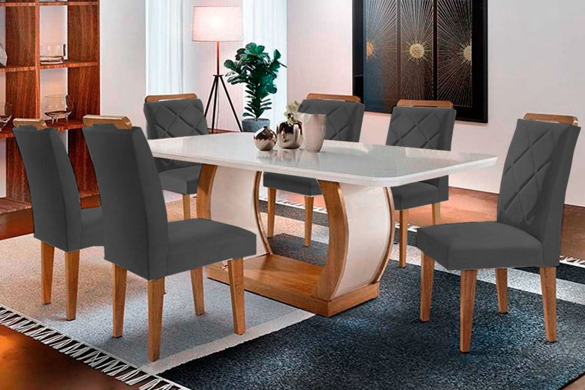 Sala de Jantar Completa Jade Tampo Madeirado c/ Vidro Curvo 180x90 e 6 Cadeiras Melissa - Rufato