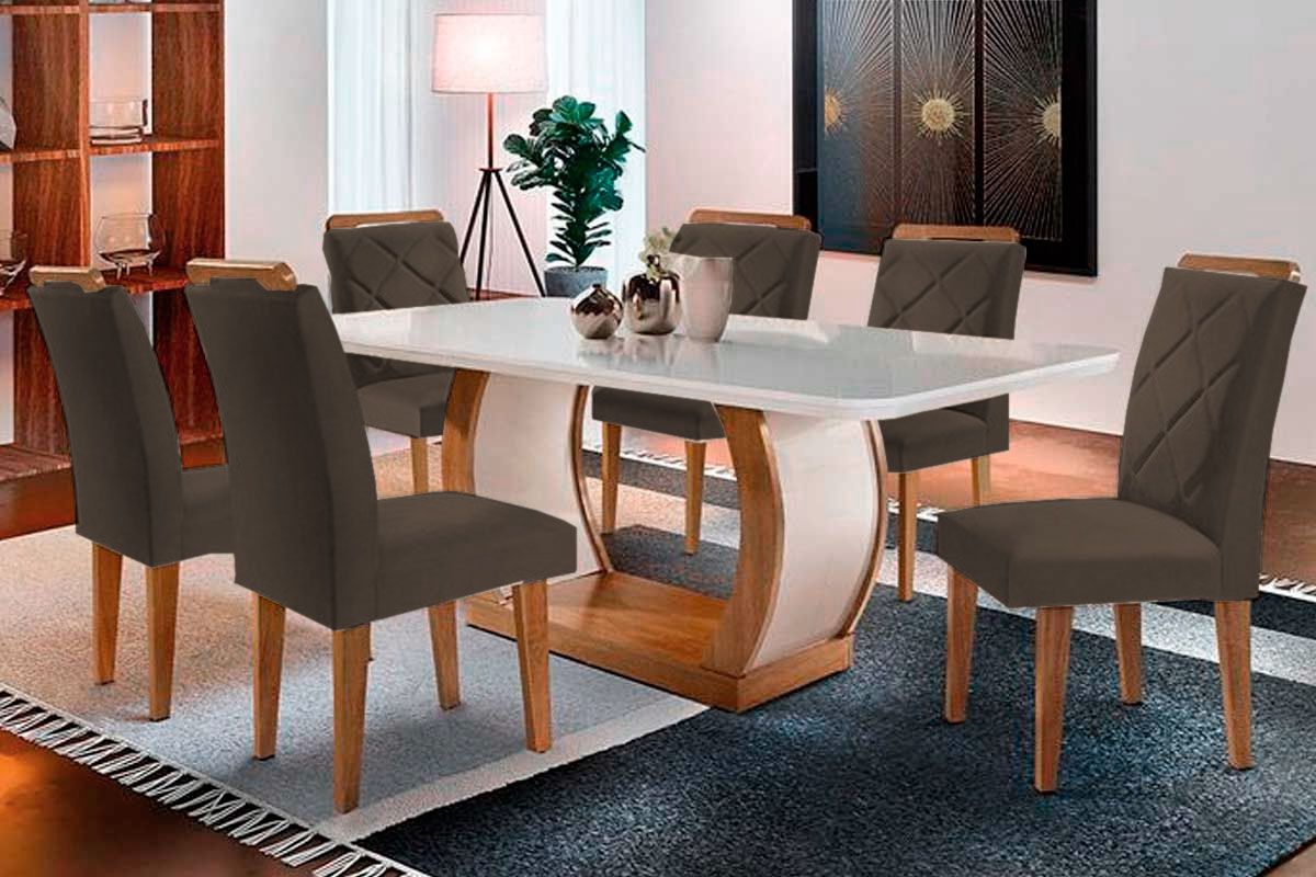 Sala de Jantar Completa Jade Tampo Madeirado c/ Vidro Curvo 180x90 e 6 Cadeiras Melissa - Rufato