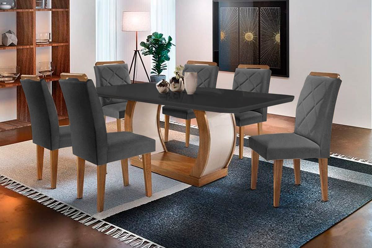 Sala de Jantar Completa Jade Tampo Madeirado c/ Vidro Curvo 180x90 e 6 Cadeiras Melissa - Rufato