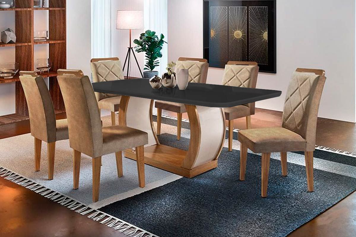 Sala de Jantar Completa Jade Tampo Madeirado c/ Vidro Curvo 180x90 e 6 Cadeiras Melissa - Rufato