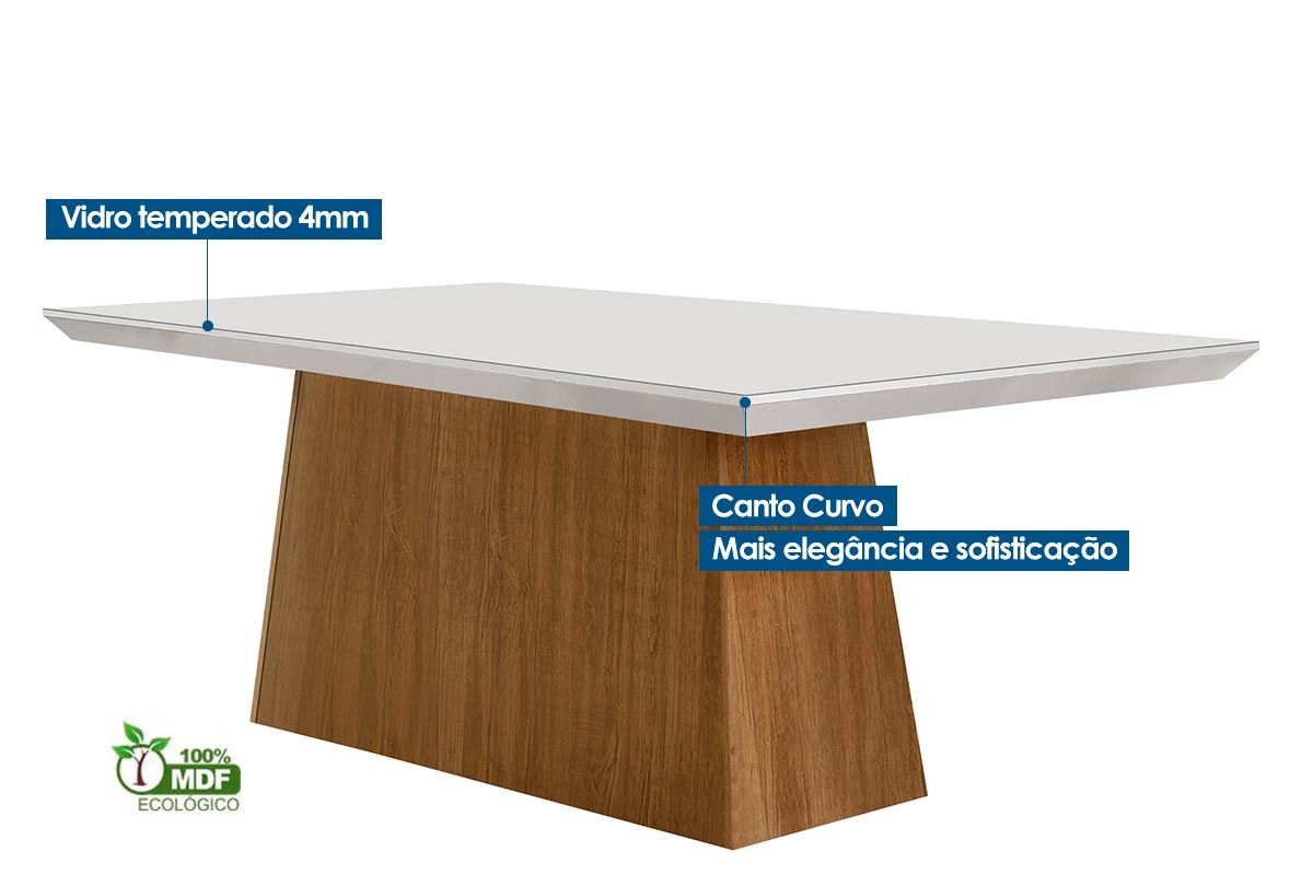 Sala de Jantar Completa Luna Tampo Madeirado c/ Vidro Curvo 180x90 e 6 Cadeiras Amsterdã - Rufato