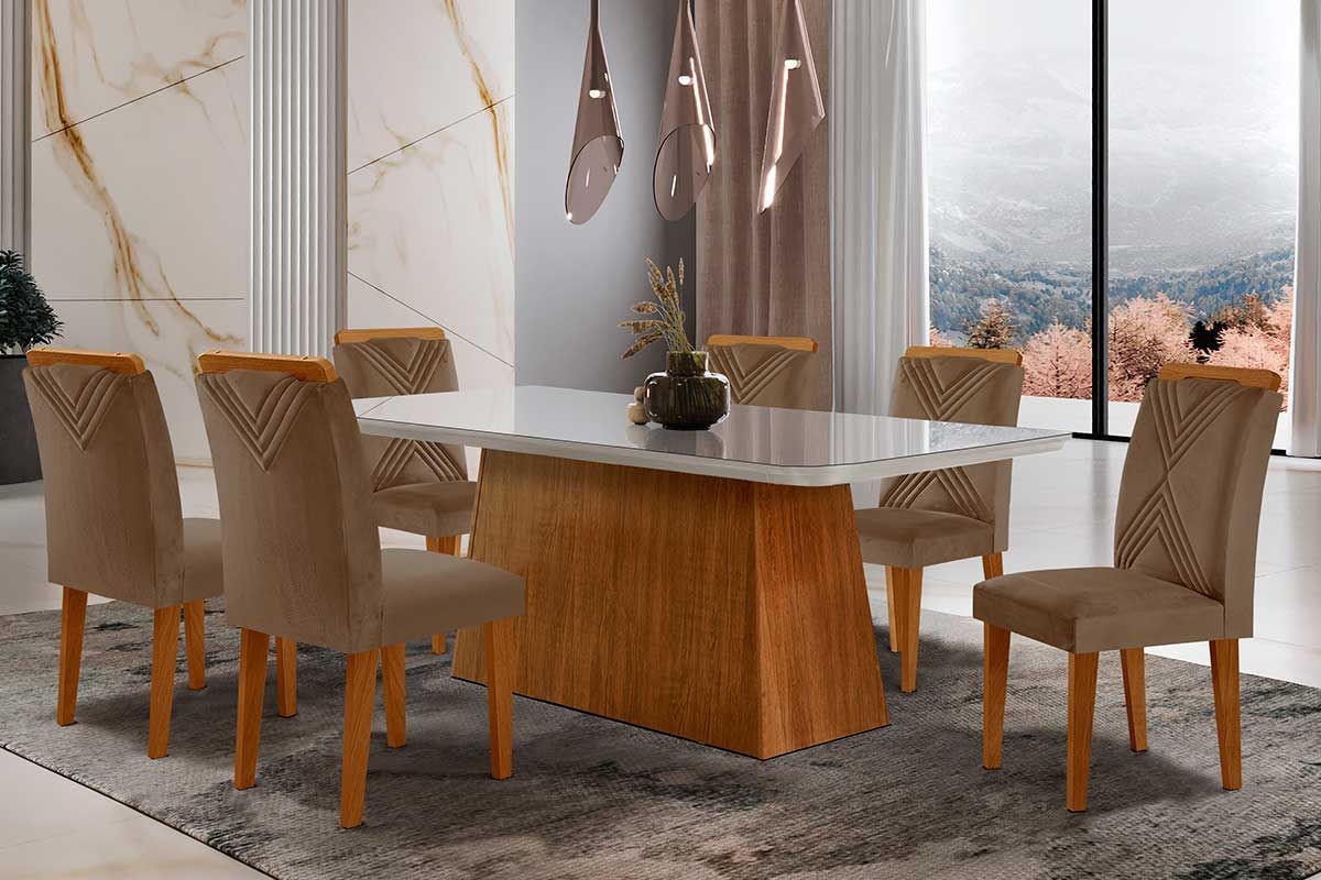 Sala de Jantar Completa Luna Tampo Madeirado c/ Vidro Curvo 180x90 e 6 Cadeiras Amsterdã - Rufato