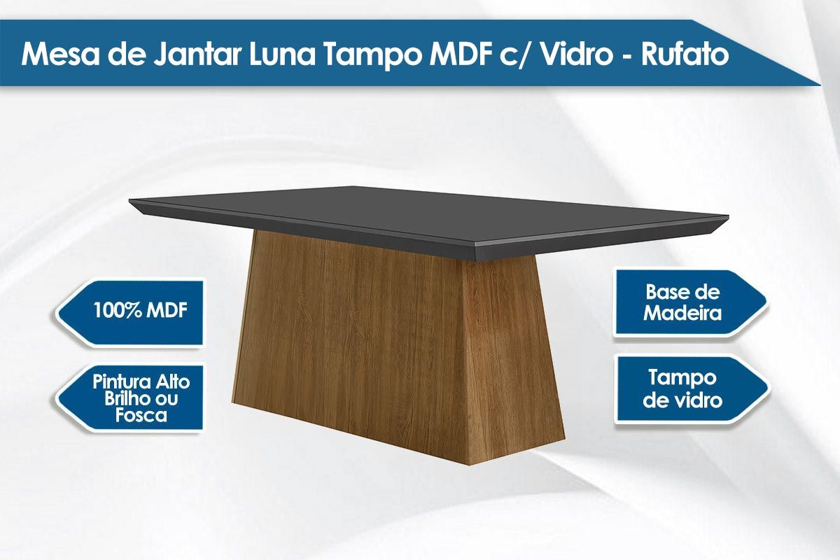 Sala de Jantar Completa Luna Tampo Madeirado c/ Vidro Curvo 180x90 e 6 Cadeiras Amsterdã - Rufato