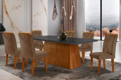 Sala de Jantar Completa Luna Tampo Madeirado c/ Vidro Curvo 180x90 e 6 Cadeiras Amsterdã - Rufato