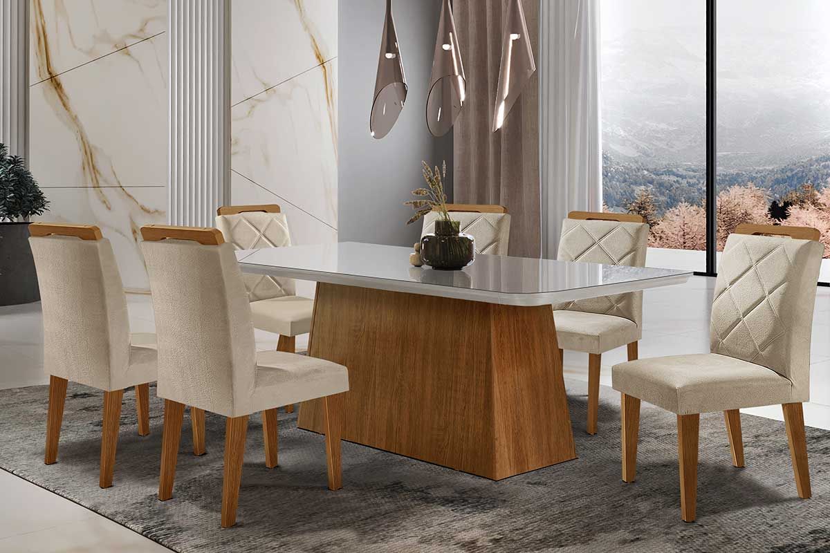 Sala de Jantar Completa Luna Tampo Madeirado c/ Vidro Curvo 180x90 e 6 Cadeiras Melissa - Rufato