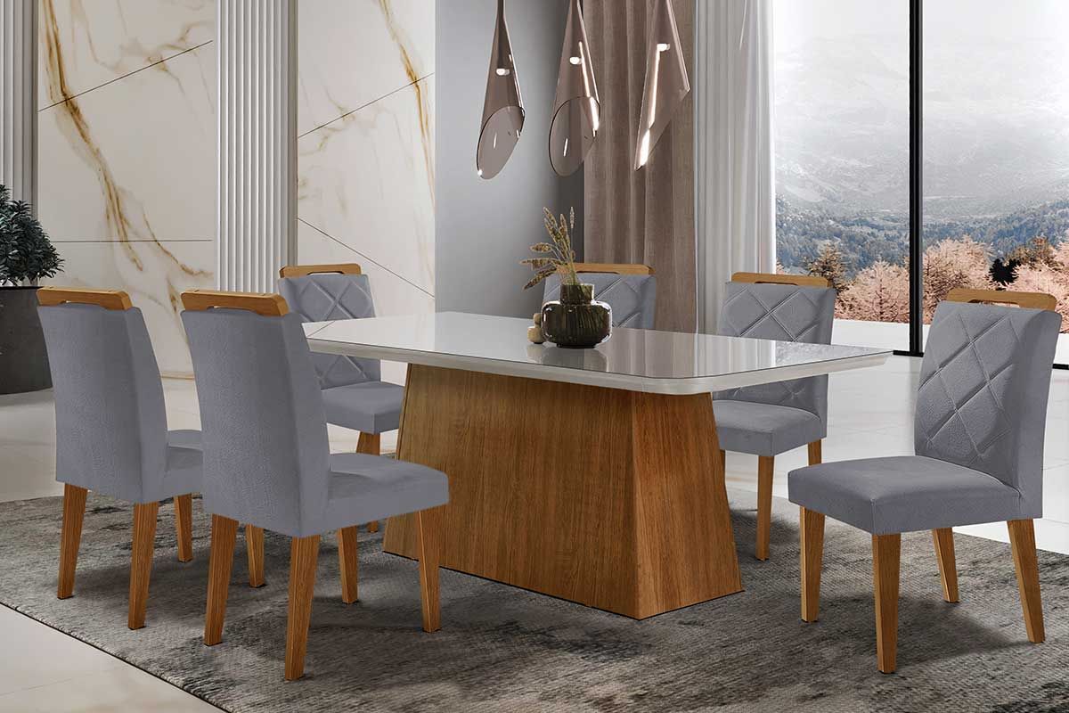 Sala de Jantar Completa Luna Tampo Madeirado c/ Vidro Curvo 180x90 e 6 Cadeiras Melissa - Rufato