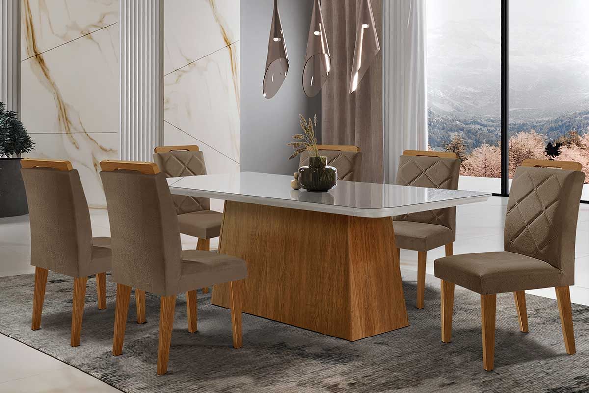 Sala de Jantar Completa Luna Tampo Madeirado c/ Vidro Curvo 180x90 e 6 Cadeiras Melissa - Rufato
