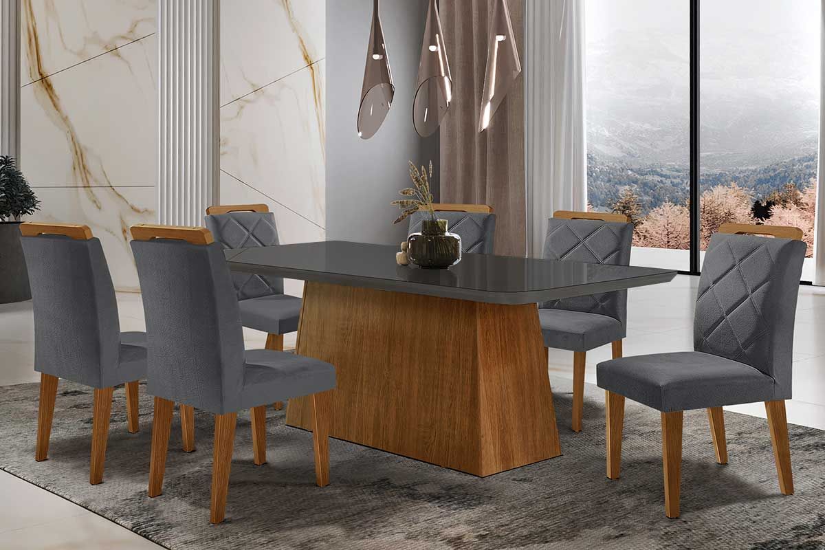 Sala de Jantar Completa Luna Tampo Madeirado c/ Vidro Curvo 180x90 e 6 Cadeiras Melissa - Rufato