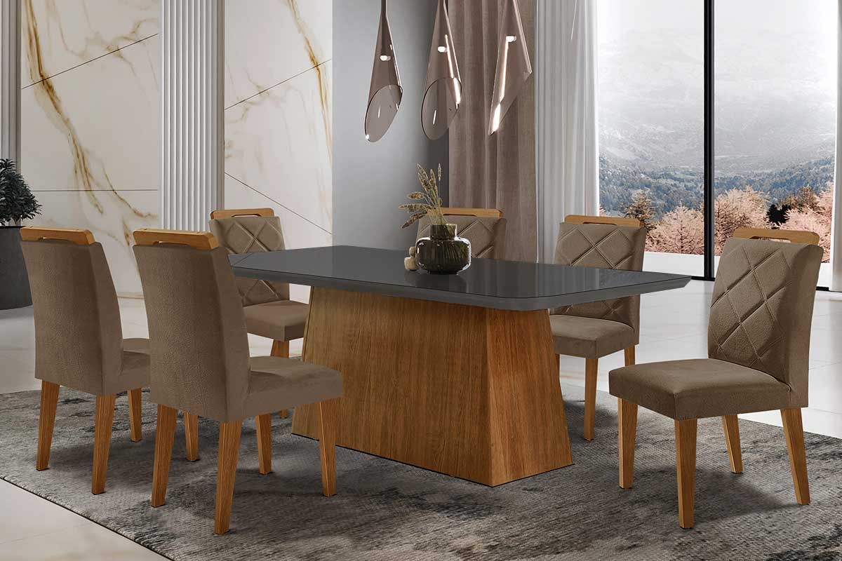 Sala de Jantar Completa Luna Tampo Madeirado c/ Vidro Curvo 180x90 e 6 Cadeiras Melissa - Rufato