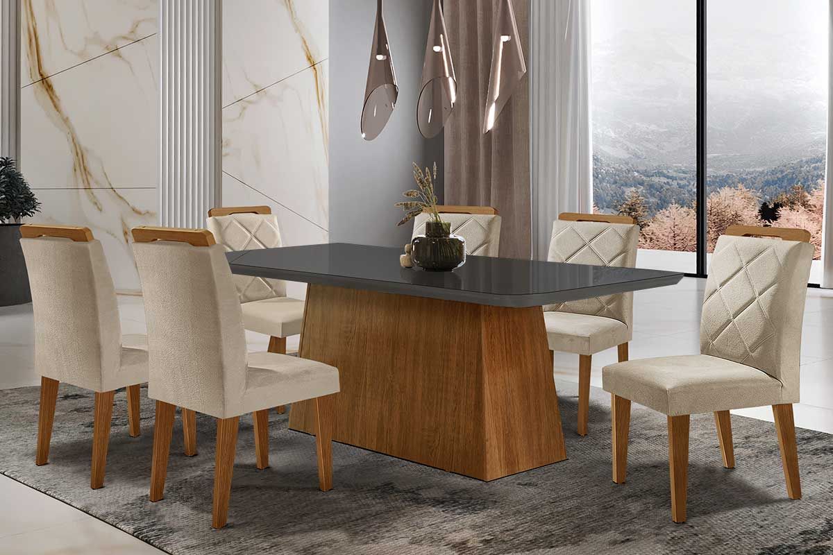Sala de Jantar Completa Luna Tampo Madeirado c/ Vidro Curvo 180x90 e 6 Cadeiras Melissa - Rufato