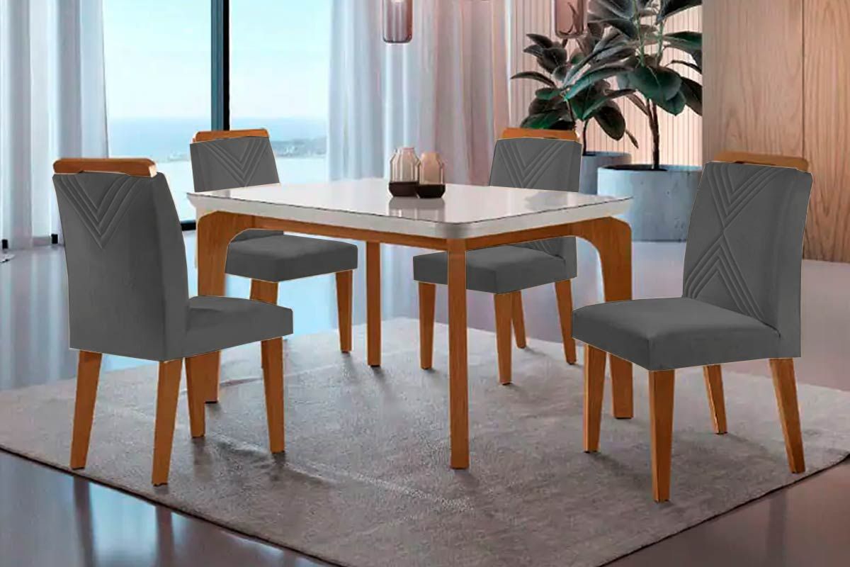 Sala Jantar Mesa Londrina Tampo Madeirado c/ Vidro Curvo 120x80 e 4 Cadeiras Amsterdã - Rufato