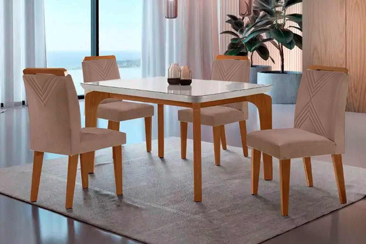 Sala Jantar Mesa Londrina Tampo Madeirado c/ Vidro Curvo 120x80 e 4 Cadeiras Amsterdã - Rufato