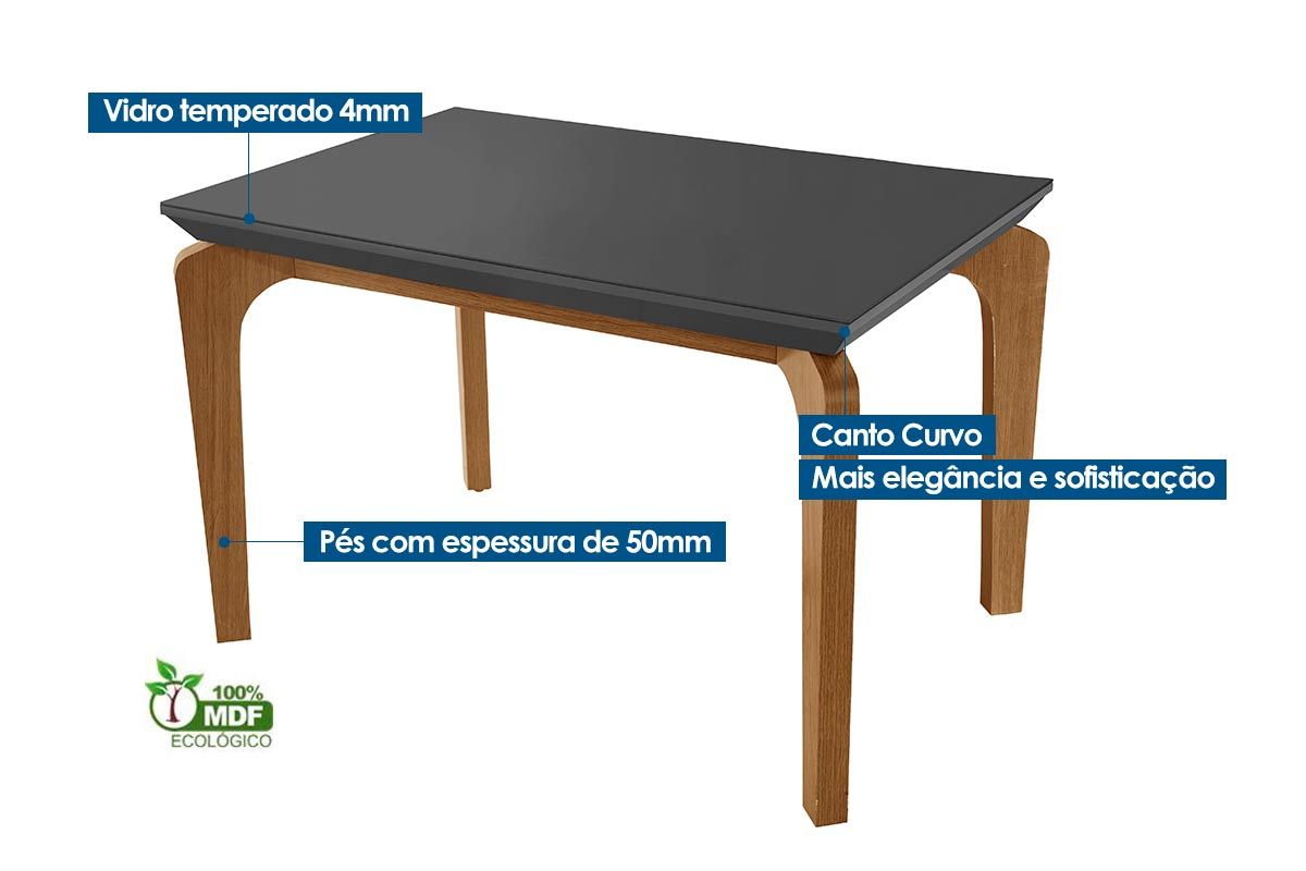 Sala Jantar Mesa Londrina Tampo Madeirado c/ Vidro Curvo 120x80 e 4 Cadeiras Amsterdã - Rufato
