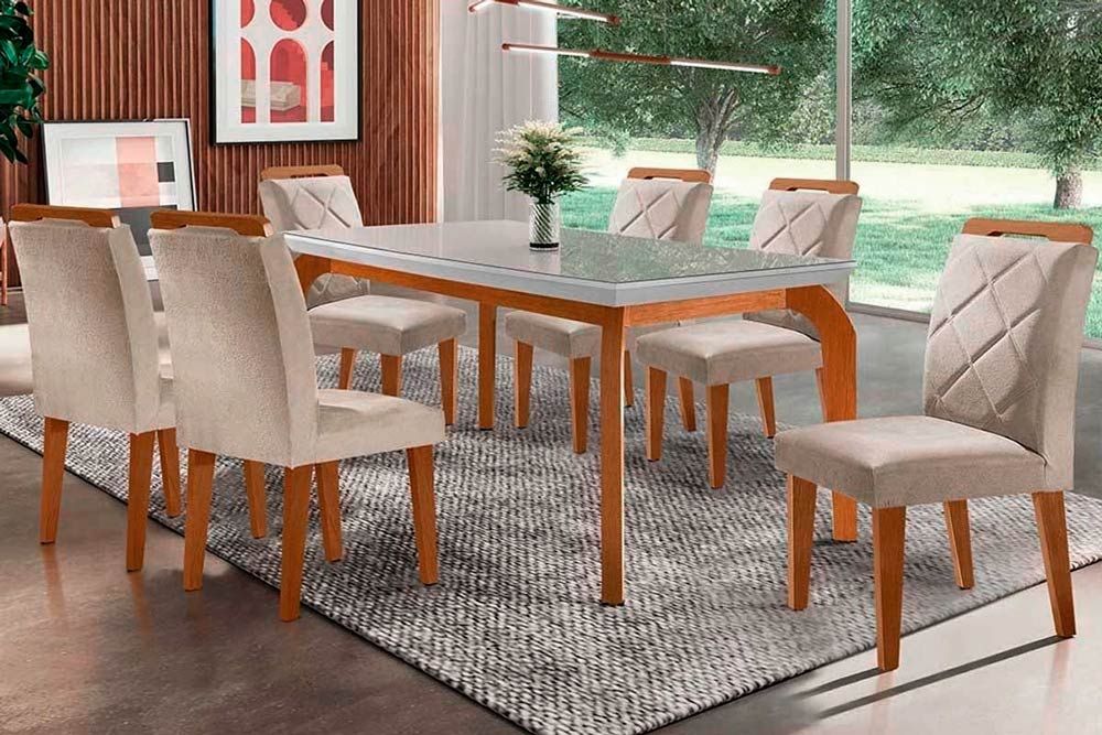 Sala Jantar Mesa Londrina Tampo Madeirado c/ Vidro Curvo 120x80 e 4 Cadeiras Melissa - Rufato