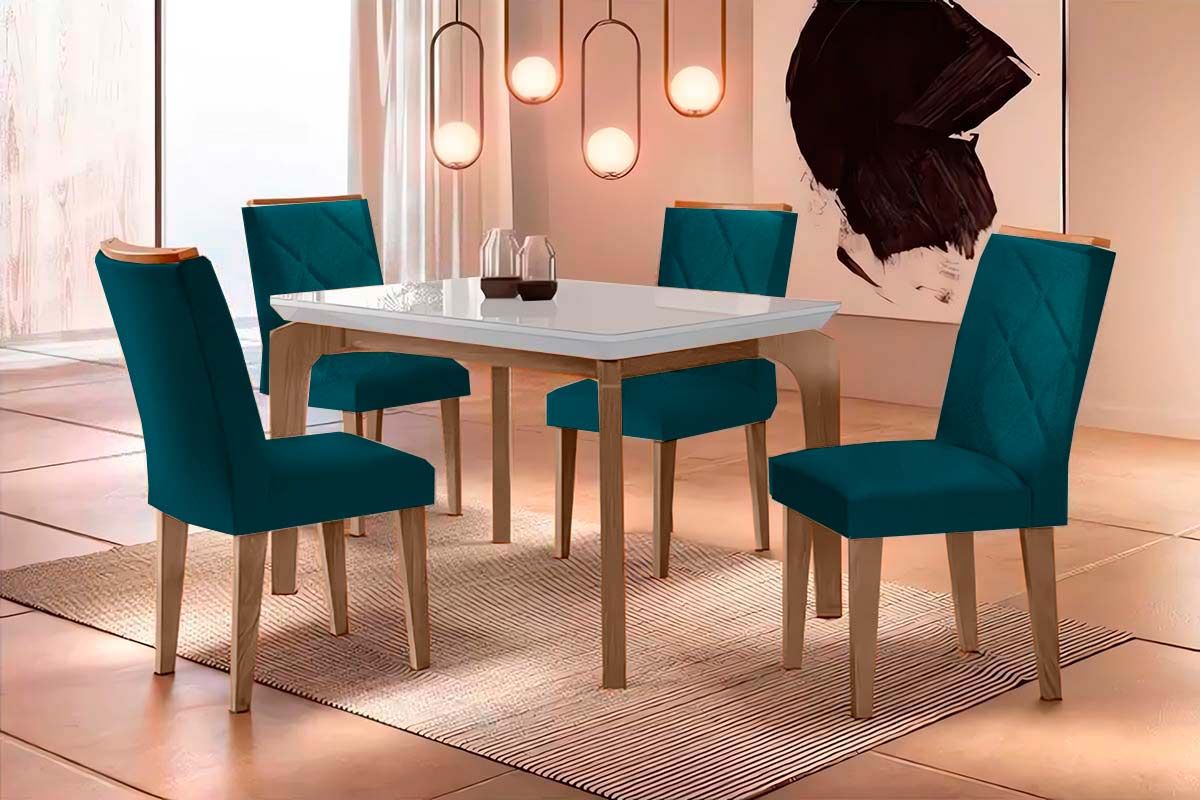 Sala Jantar Mesa Londrina Tampo Madeirado c/ Vidro Curvo 120x80 e 4 Cadeiras Melissa - Rufato