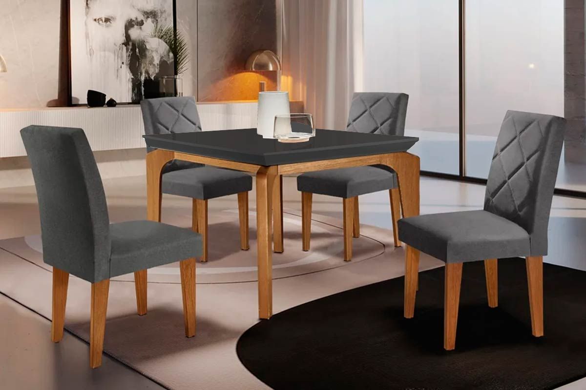 Sala Jantar Mesa Londrina Tampo Madeirado c/ Vidro Curvo 120x80 e 4 Cadeiras Melissa - Rufato