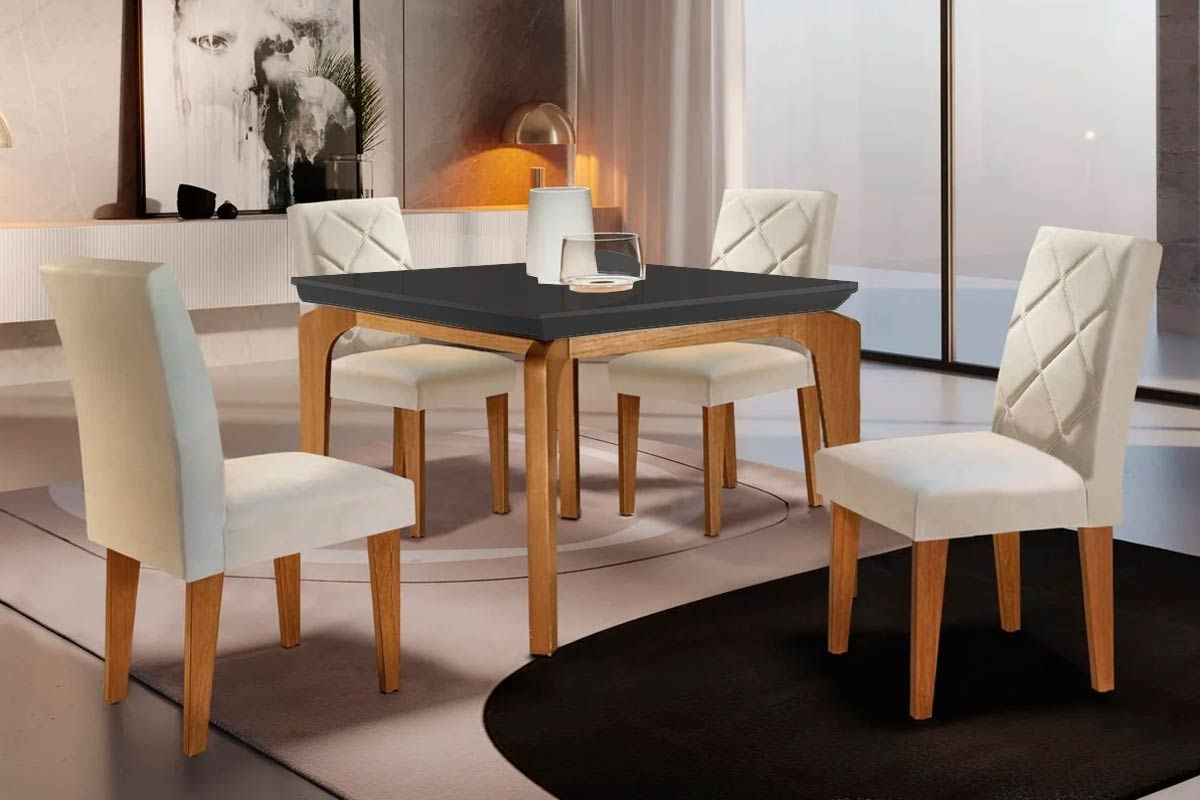 Sala Jantar Mesa Londrina Tampo Madeirado c/ Vidro Curvo 120x80 e 4 Cadeiras Melissa - Rufato