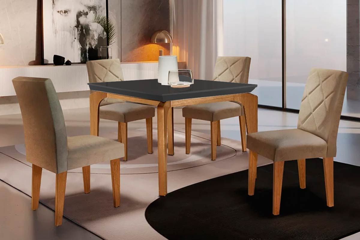 Sala Jantar Mesa Londrina Tampo Madeirado c/ Vidro Curvo 120x80 e 4 Cadeiras Melissa - Rufato