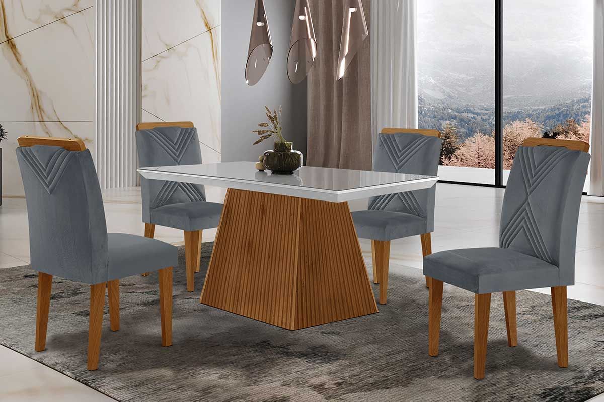 Sala de Jantar Completa Luna Tampo Madeirado c/ Vidro Curvo 120x80 e 4 Cadeiras Amsterdã - Rufato