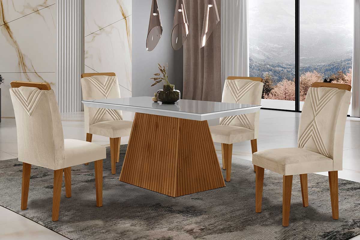 Sala de Jantar Completa Luna Tampo Madeirado c/ Vidro Curvo 120x80 e 4 Cadeiras Amsterdã - Rufato
