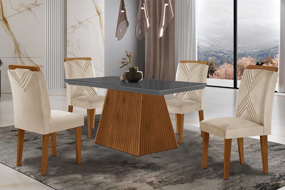 Sala de Jantar Completa Luna Tampo Madeirado c/ Vidro Curvo 120x80 e 4 Cadeiras Amsterdã - Rufato
