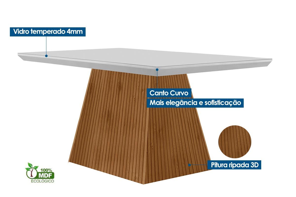 Sala de Jantar Completa Luna Tampo Madeirado c/ Vidro Curvo 120x80 e 4 Cadeiras Melissa - Rufato