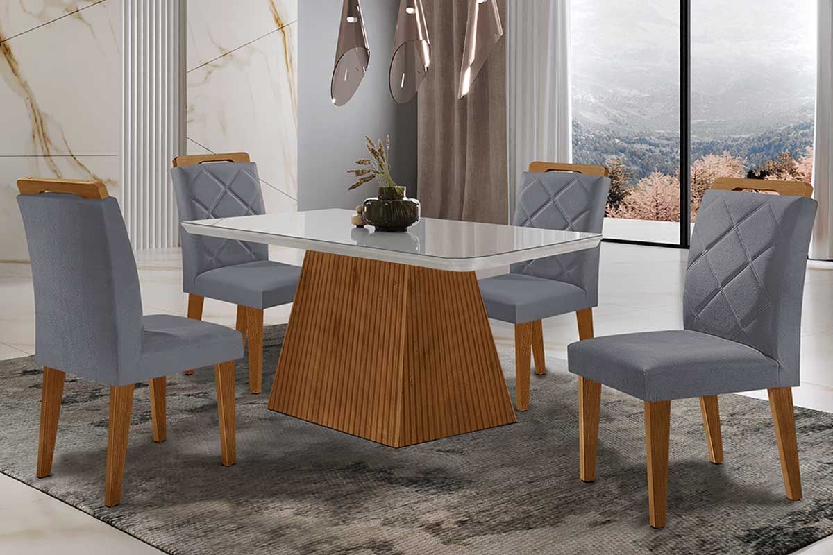 Sala de Jantar Completa Luna Tampo Madeirado c/ Vidro Curvo 120x80 e 4 Cadeiras Melissa - Rufato
