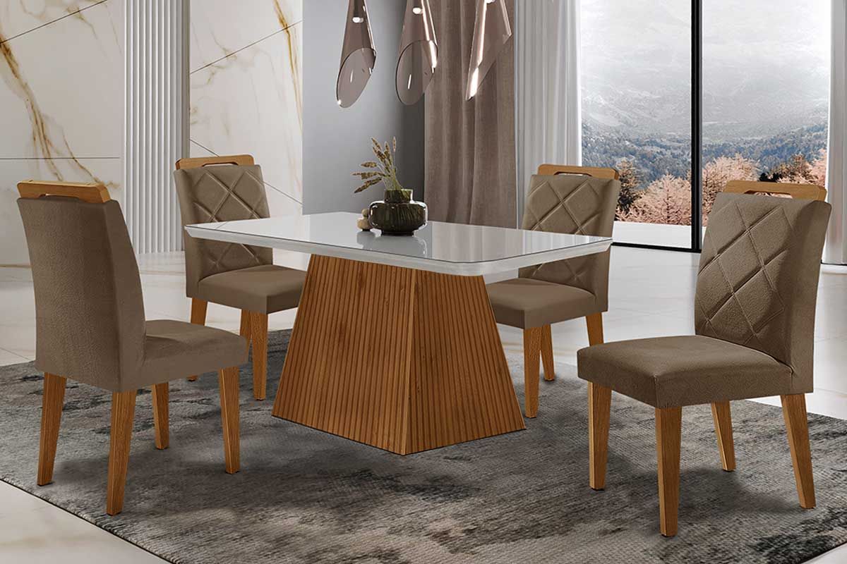Sala de Jantar Completa Luna Tampo Madeirado c/ Vidro Curvo 120x80 e 4 Cadeiras Melissa - Rufato