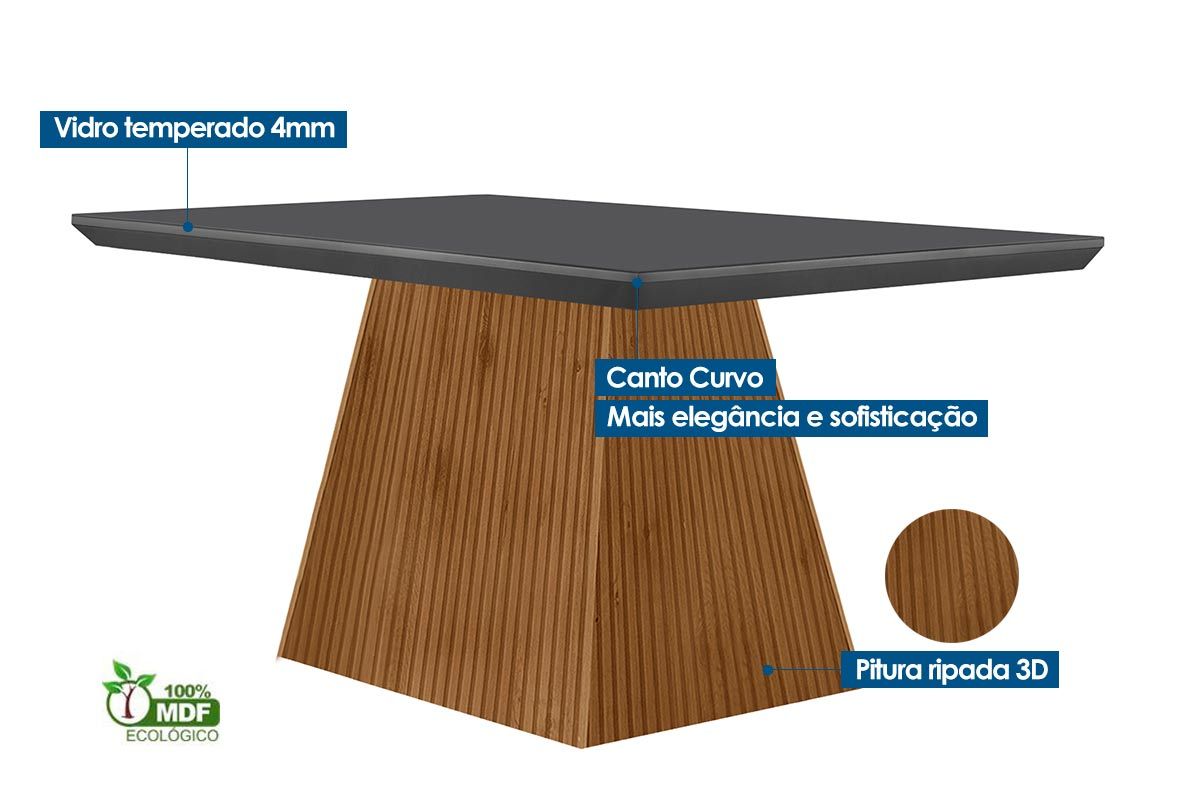 Sala de Jantar Completa Luna Tampo Madeirado c/ Vidro Curvo 120x80 e 4 Cadeiras Melissa - Rufato