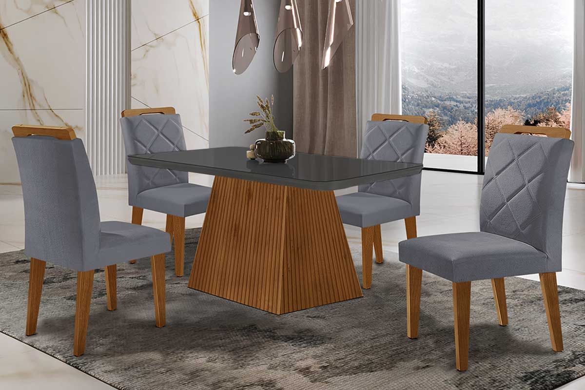 Sala de Jantar Completa Luna Tampo Madeirado c/ Vidro Curvo 120x80 e 4 Cadeiras Melissa - Rufato